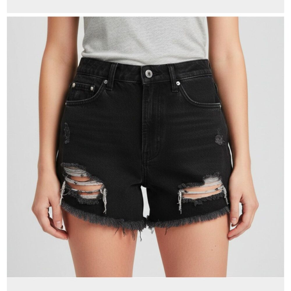 Black Washed Denim Distressed Cut Off Shorts Frayed Hem Size 1